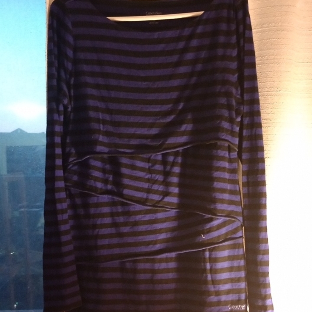 Calvin Klein Women's Black and Blue Striped Top